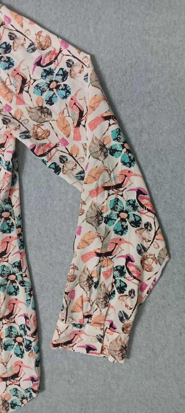 Talbots Long Roll Tab Sleeve Button Up M Floral Bird Print Artsy Career Casual - Picture 6 of 12